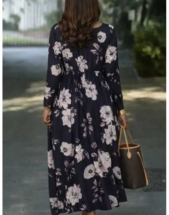 Kadın Uzun Kollu V Yakalı çiçek Desenli Maxi Süprem Elbise