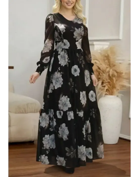 Kadın Uzun Kollu V Yakalı çiçek Desenli Maxi Süprem Elbise