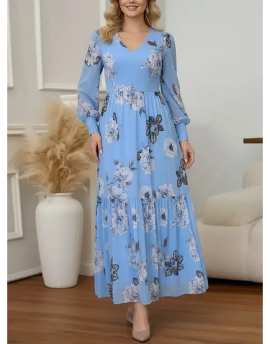 Kadın Uzun Kollu V Yakalı çiçek Desenli Maxi Süprem Elbise