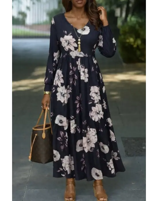 Kadın Uzun Kollu V Yakalı çiçek Desenli Maxi Süprem Elbise