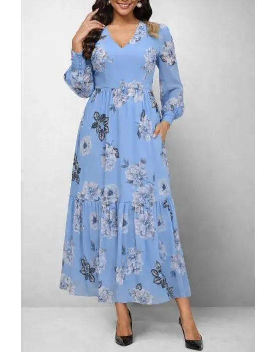 Kadın Uzun Kollu V Yakalı çiçek Desenli Maxi Süprem Elbise