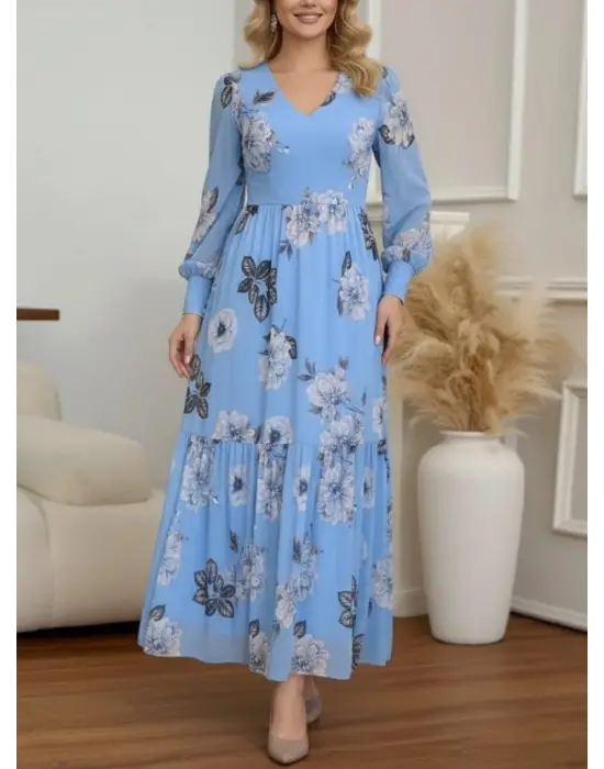 Kadın Uzun Kollu V Yakalı çiçek Desenli Maxi Süprem Elbise