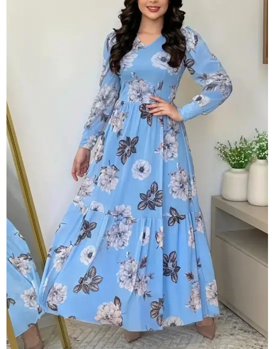 Kadın Uzun Kollu V Yakalı çiçek Desenli Maxi Süprem Elbise