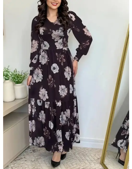 Kadın Uzun Kollu V Yakalı çiçek Desenli Maxi Süprem Elbise