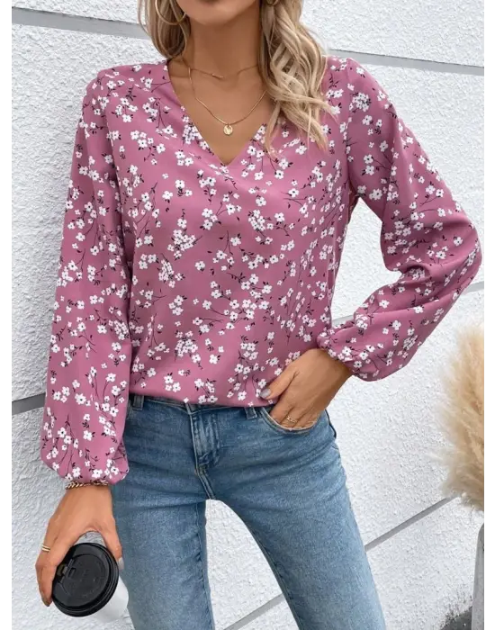 Kadın Uzun Kollu V Yakalı çiçek Desenli Modal Bluz