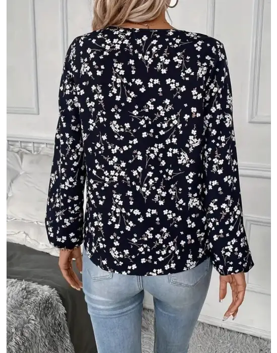 Kadın Uzun Kollu V Yakalı çiçek Desenli Modal Bluz