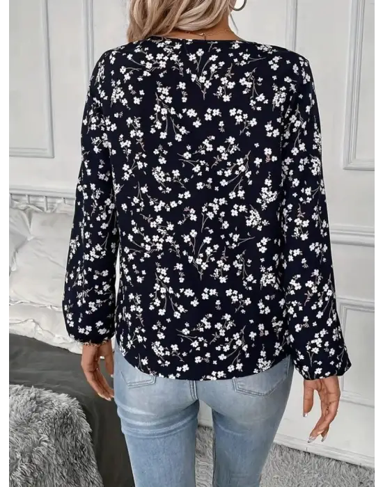 Kadın Uzun Kollu V Yakalı çiçek Desenli Modal Bluz