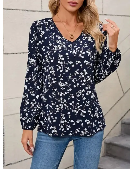 Kadın Uzun Kollu V Yakalı çiçek Desenli Modal Bluz