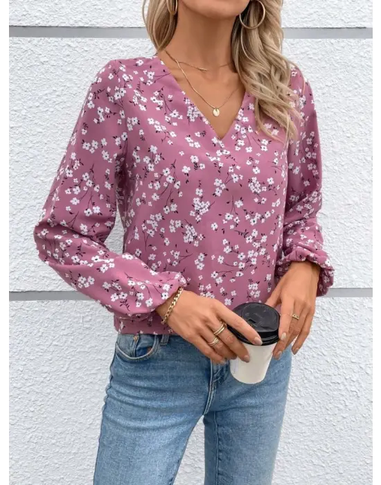 Kadın Uzun Kollu V Yakalı çiçek Desenli Modal Bluz