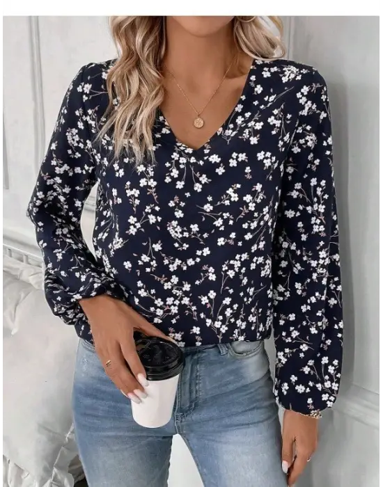 Kadın Uzun Kollu V Yakalı çiçek Desenli Modal Bluz