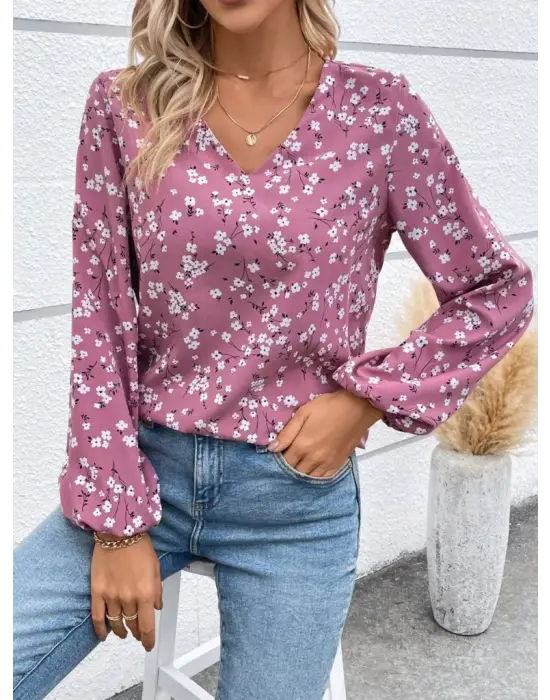 Kadın Uzun Kollu V Yakalı çiçek Desenli Modal Bluz