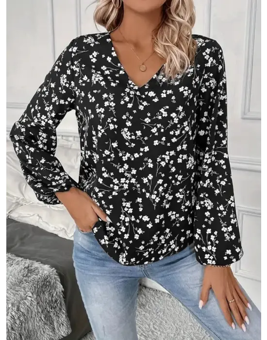 Kadın Uzun Kollu V Yakalı çiçek Desenli Modal Bluz
