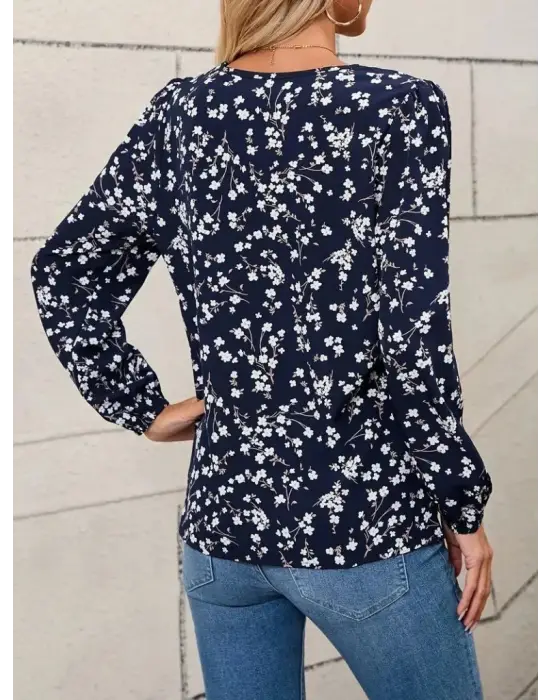 Kadın Uzun Kollu V Yakalı çiçek Desenli Modal Bluz