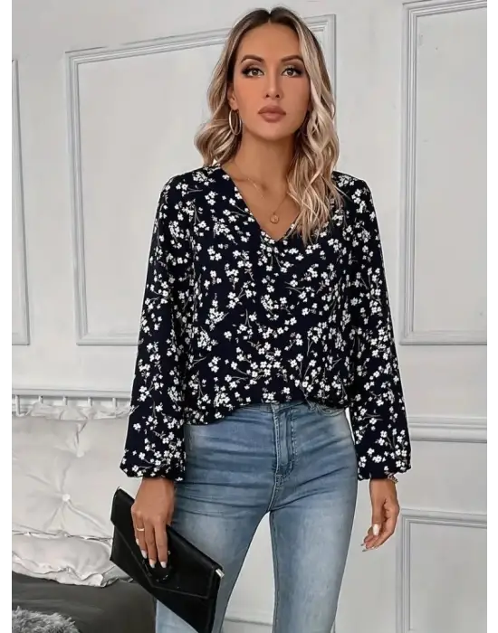 Kadın Uzun Kollu V Yakalı çiçek Desenli Modal Bluz
