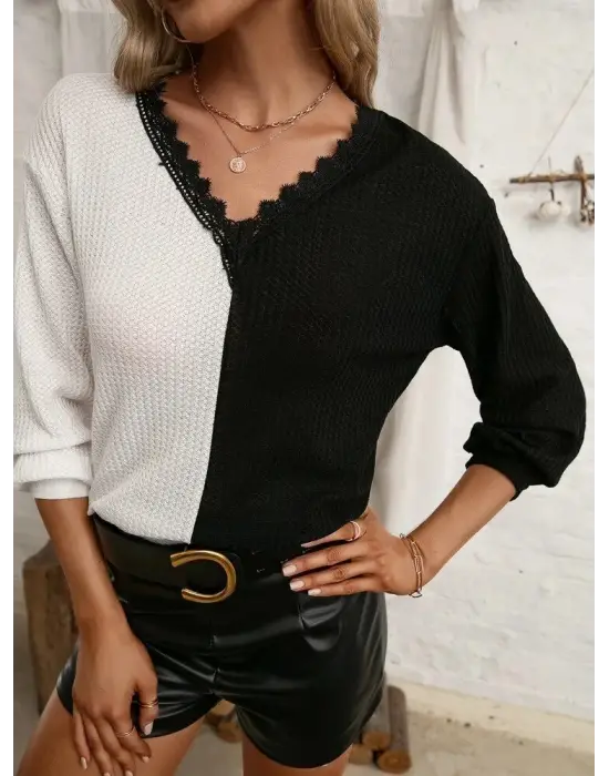 Kadın Uzun Kollu V Yakalı çift Renkli Triko Bluz