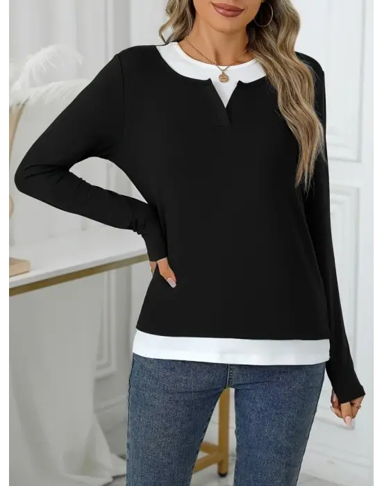 Kadın Uzun Kollu V Yakalı çift Renkli Viskon Iki Iplik Bluz