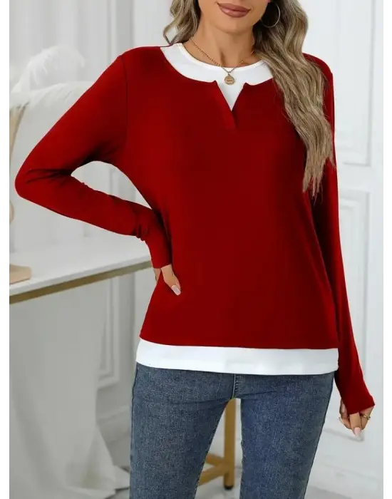 Kadın Uzun Kollu V Yakalı çift Renkli Viskon Iki Iplik Bluz
