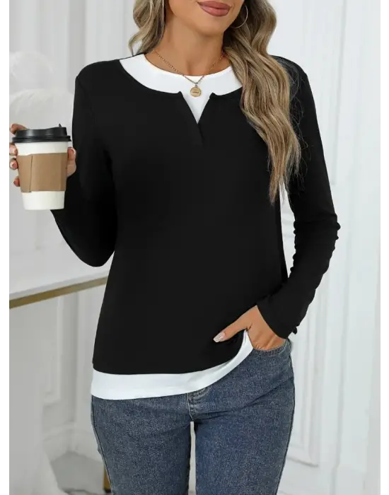 Kadın Uzun Kollu V Yakalı çift Renkli Viskon Iki Iplik Bluz