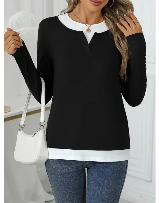 Kadın Uzun Kollu V Yakalı çift Renkli Viskon Iki Iplik Bluz