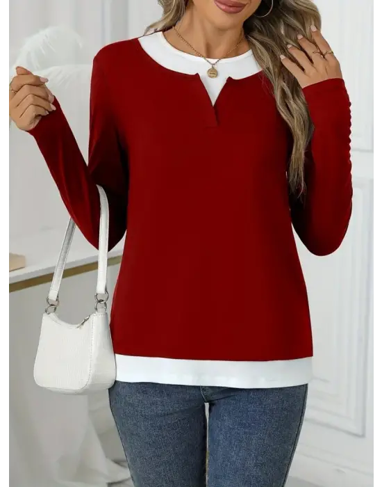 Kadın Uzun Kollu V Yakalı çift Renkli Viskon Iki Iplik Bluz