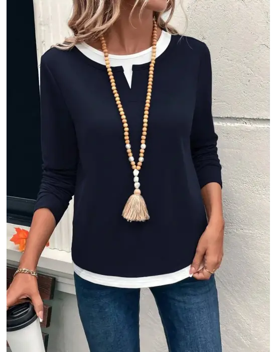 Kadın Uzun Kollu V Yakalı çift Renkli Viskon Iki Iplik Bluz