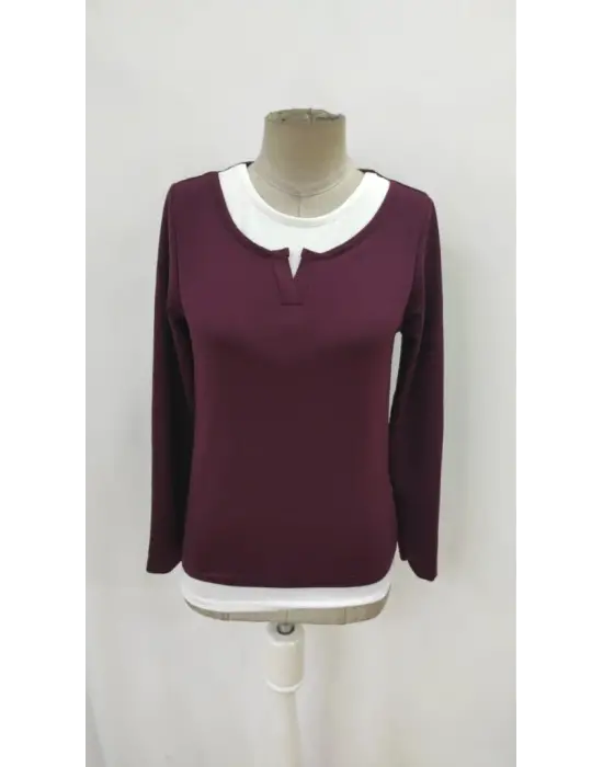 Kadın Uzun Kollu V Yakalı çift Renkli Viskon Iki Iplik Bluz