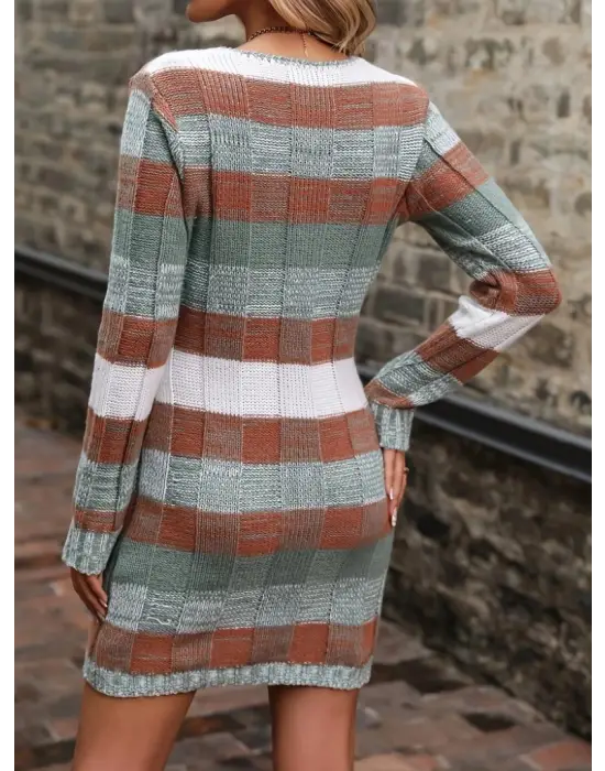 Kadın Uzun Kollu V Yakalı çizgili çok Renkli Triko Mini Elbise