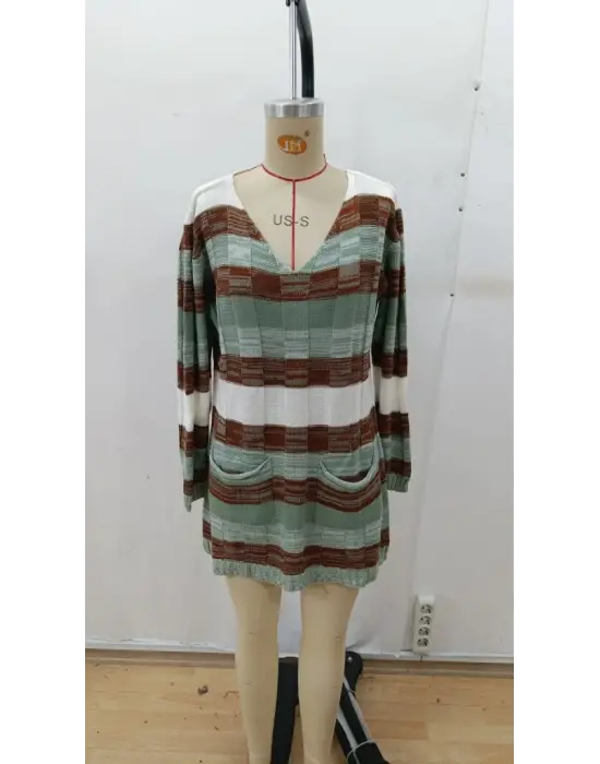 Kadın Uzun Kollu V Yakalı çizgili çok Renkli Triko Mini Elbise