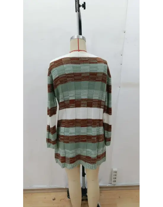 Kadın Uzun Kollu V Yakalı çizgili çok Renkli Triko Mini Elbise