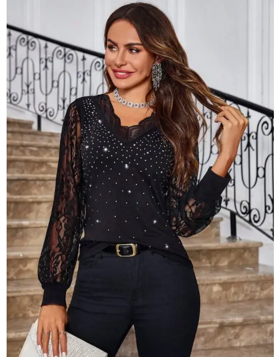 Kadın Uzun Kollu V Yakalı Dantelli Taşlı Sandy Bluz