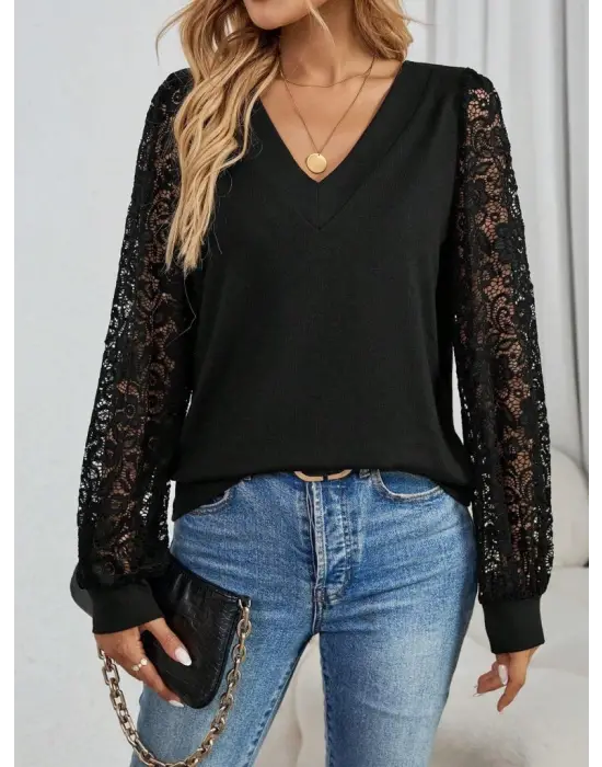 Kadın Uzun Kollu V Yakalı Dantelli Viskon Iki Iplik Bluz