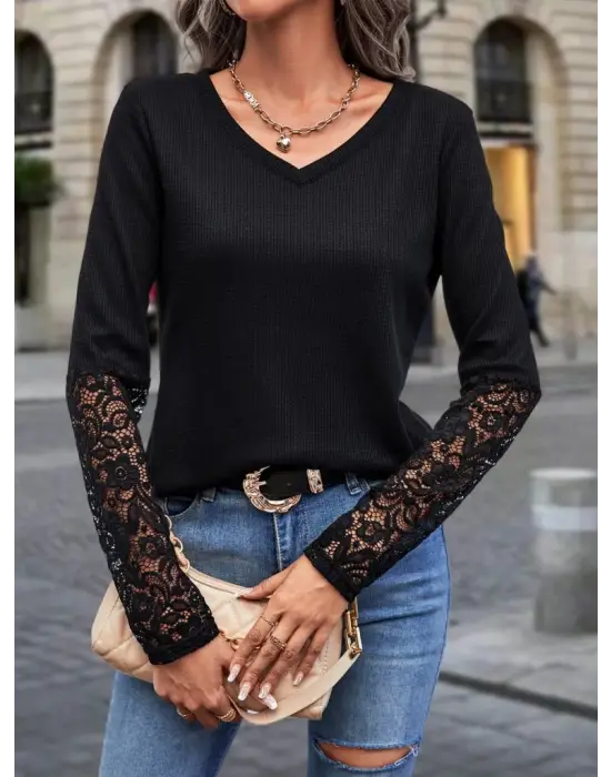 Kadın Uzun Kollu V Yakalı Dantelli Waffle Bluz