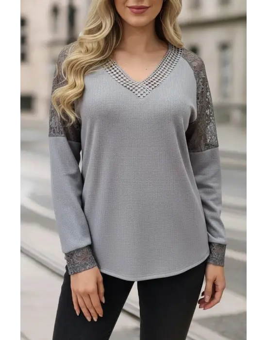 Kadın Uzun Kollu V Yakalı Dantelli Waffle Bluz
