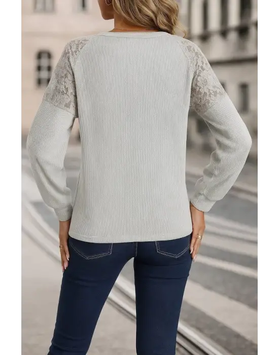 Kadın Uzun Kollu V Yakalı Dantelli Waffle Bluz