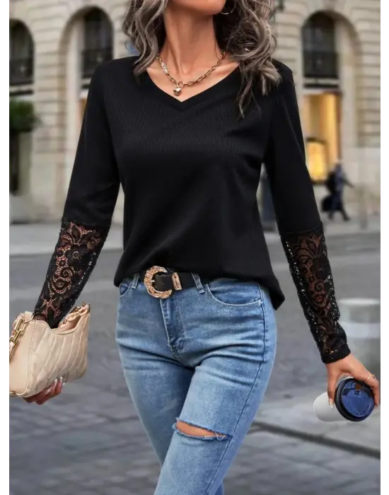 Kadın Uzun Kollu V Yakalı Dantelli Waffle Bluz