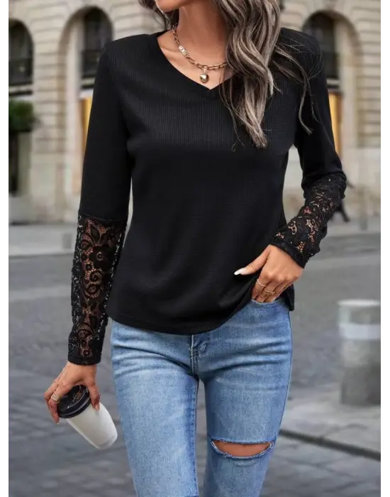 Kadın Uzun Kollu V Yakalı Dantelli Waffle Bluz