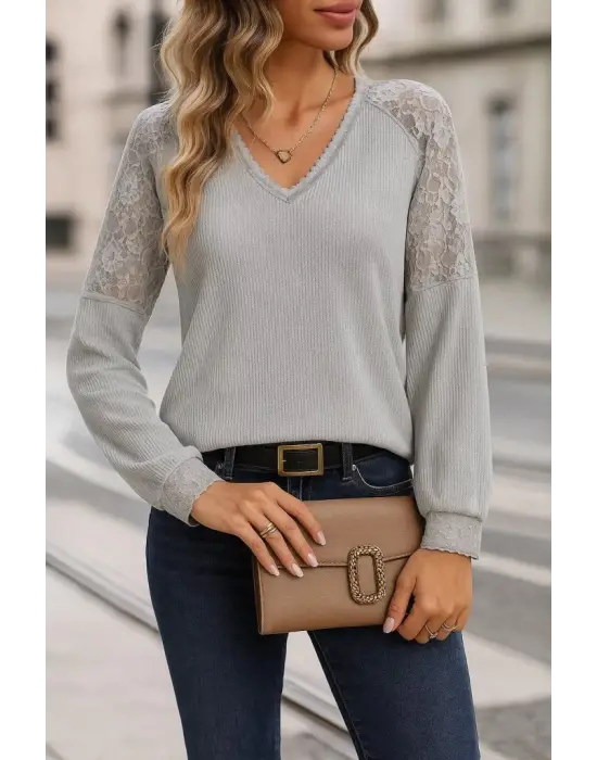 Kadın Uzun Kollu V Yakalı Dantelli Waffle Bluz
