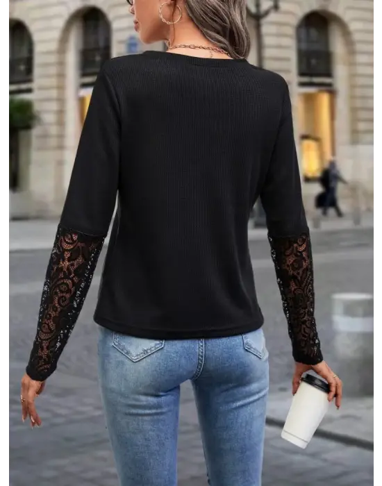 Kadın Uzun Kollu V Yakalı Dantelli Waffle Bluz