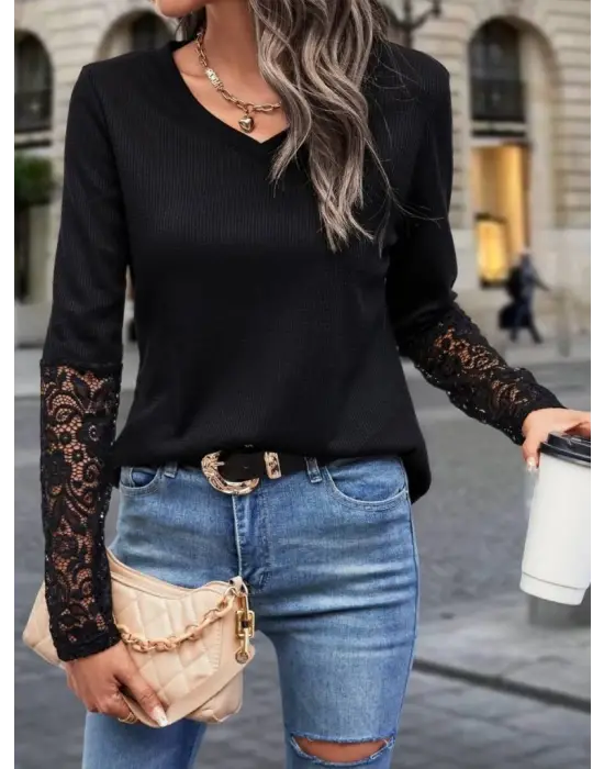 Kadın Uzun Kollu V Yakalı Dantelli Waffle Bluz