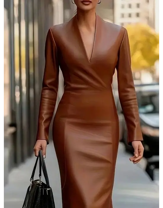 Kadın Uzun Kollu V Yakalı Deri Midi Elbise
