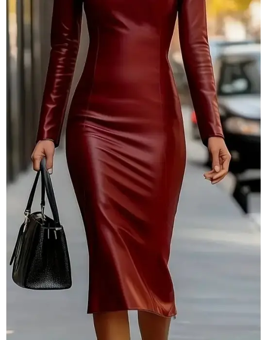 Kadın Uzun Kollu V Yakalı Deri Midi Elbise