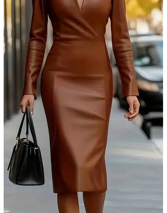 Kadın Uzun Kollu V Yakalı Deri Midi Elbise