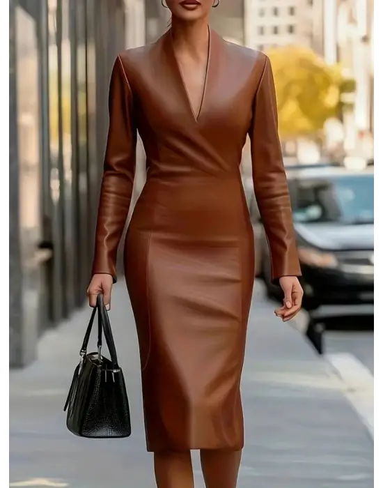 Kadın Uzun Kollu V Yakalı Deri Midi Elbise