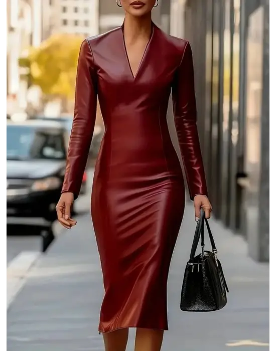 Kadın Uzun Kollu V Yakalı Deri Midi Elbise