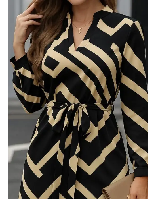 Kadın Uzun Kollu V Yakalı Desenli Belinde Kuşaklı Dalgıç Elbise