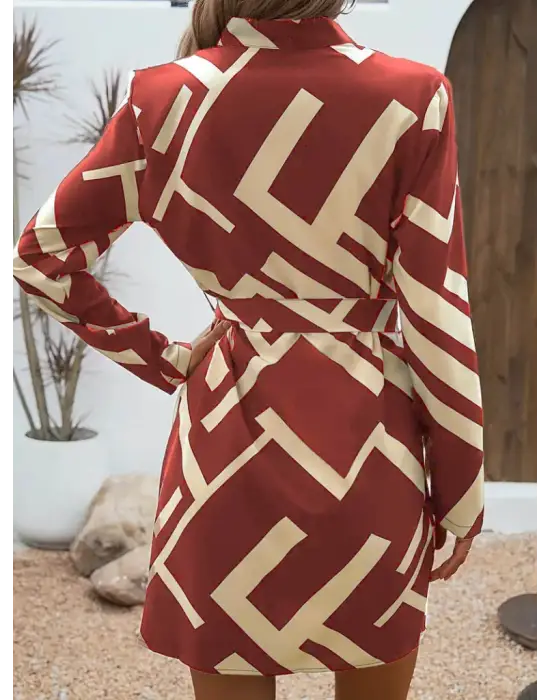 Kadın Uzun Kollu V Yakalı Desenli Belinde Kuşaklı Dalgıç Elbise