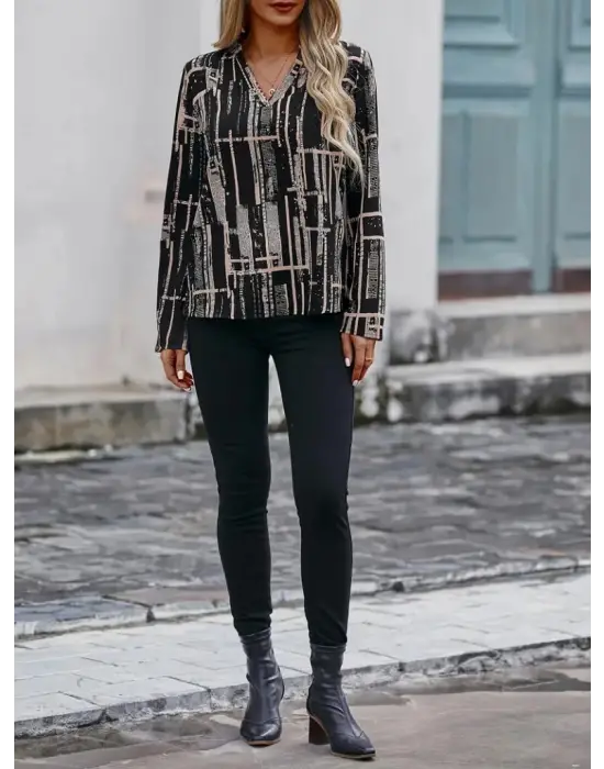 Kadın Uzun Kollu V Yakalı Desenli Dalgıç Bluz