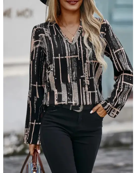 Omarı Desenli V Yakalı Uzun Kollu Kadın Bluz