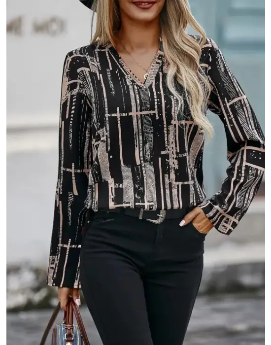 Kadın Uzun Kollu V Yakalı Desenli Dalgıç Bluz