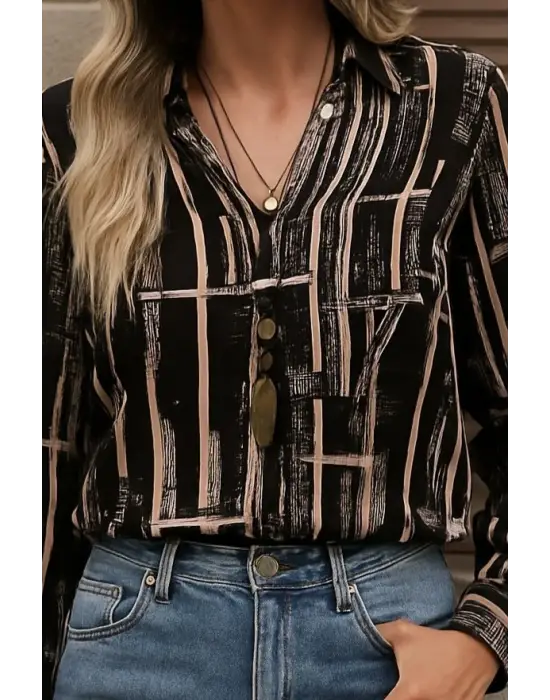 Kadın Uzun Kollu V Yakalı Desenli Dalgıç Bluz